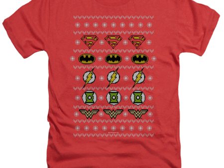 JUSTICE LEAGUE OF AMERICA : JUSTICE SHIELDS CHRISTMAS SWEATER ADULT HEATHER Red MD Cheap