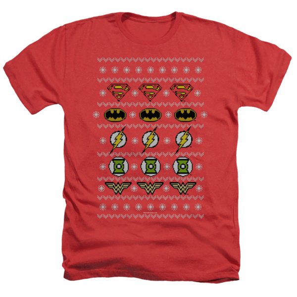 JUSTICE LEAGUE OF AMERICA : JUSTICE SHIELDS CHRISTMAS SWEATER ADULT REGULAR FIT HEATHER SHORT SLEEVE Red 3X Online Hot Sale